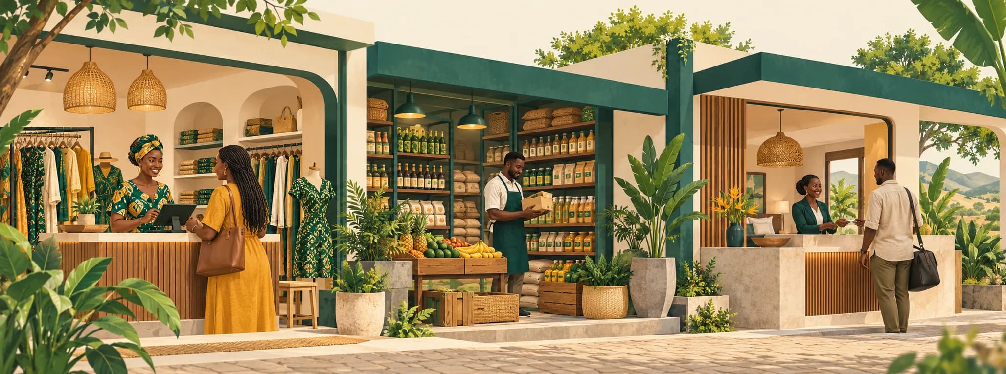A connected neighbourhood of a boutique, a shop and a lodge, each serving its customers.